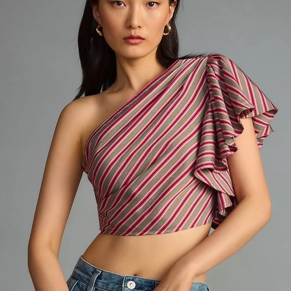 NWT Maeve One Shoulder Ruffle Striped Blouse Large - Picture 1 of 4